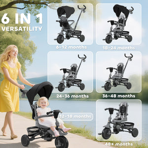 Qaba 6 in 1 Toddler Tricycle for 1-5 Years Old with Push Handle, Removable Canopy, Rotatable Seat