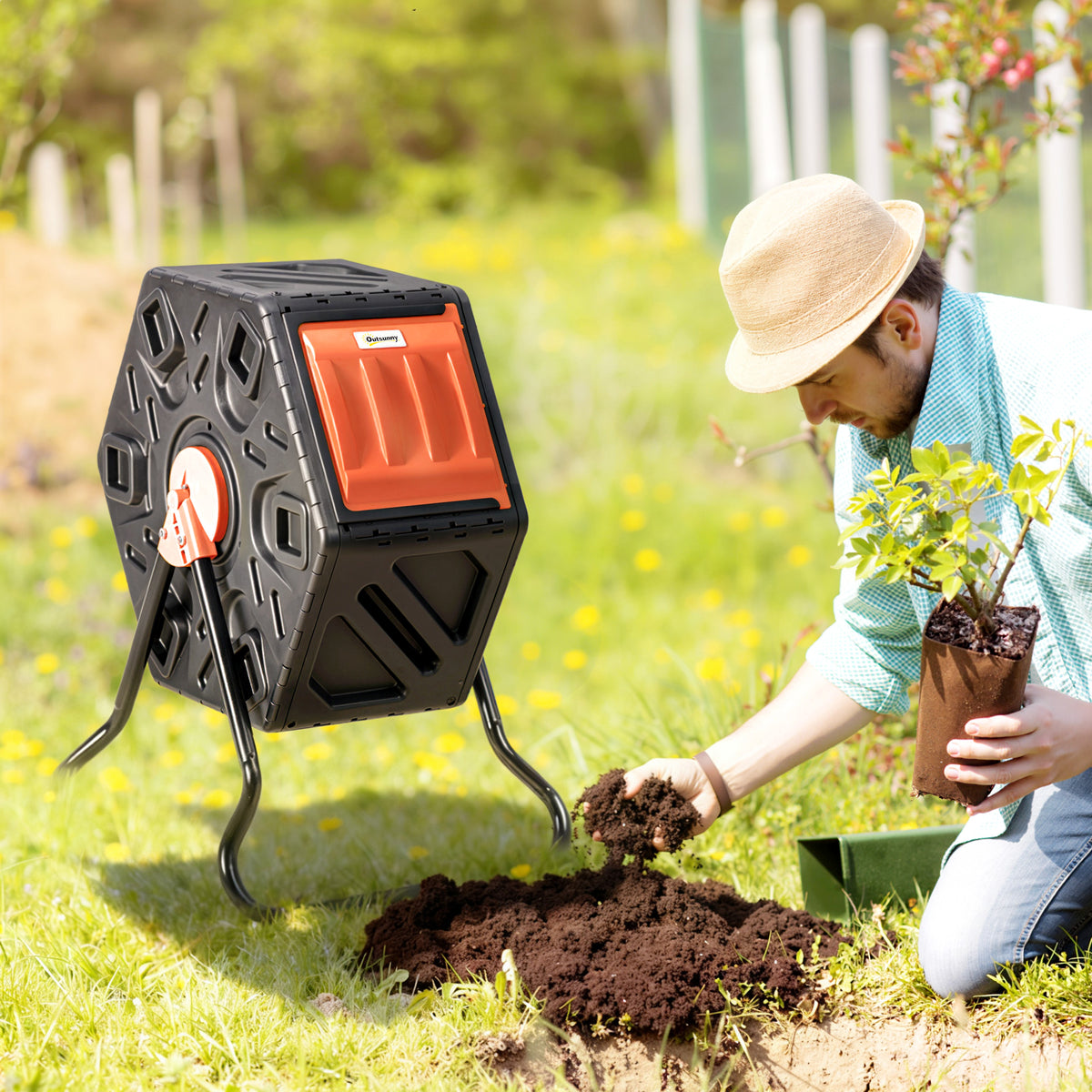 Rotating Composter, Compost Bin with 24 Vents and Steel Legs, 17 Gallon, Green