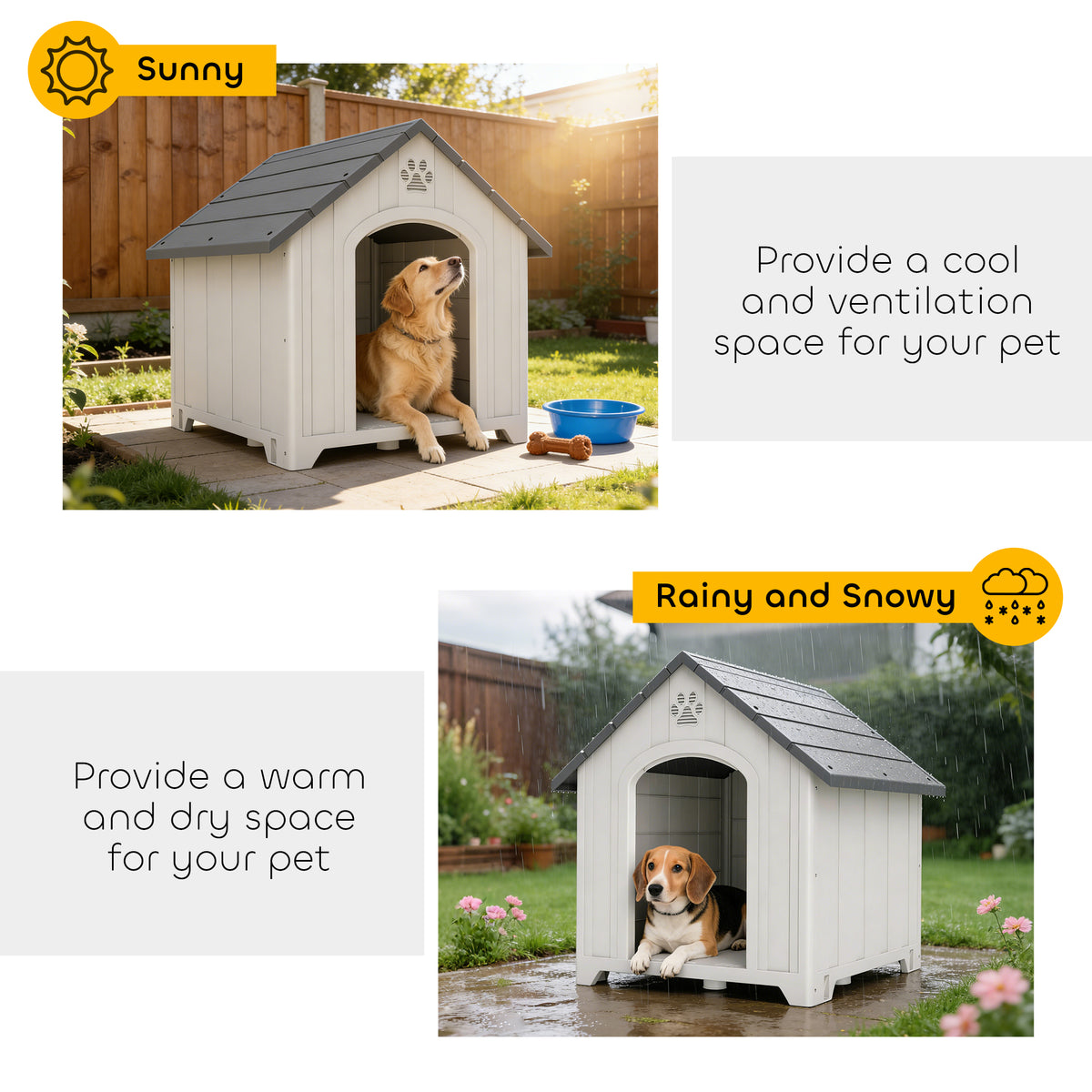 Large Plastic Dog House Outdoor Indoor, Water Resistant Puppy Shelter with Base Support, 34.6" L x 31.1" W x 35" H