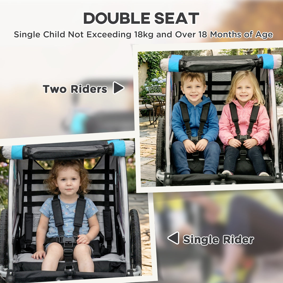 Aosom 3-in-1 Bike Trailer for Kids, Running Stroller with 2 Seats, Jogging Cart with 5-Point Harness, Storage Units