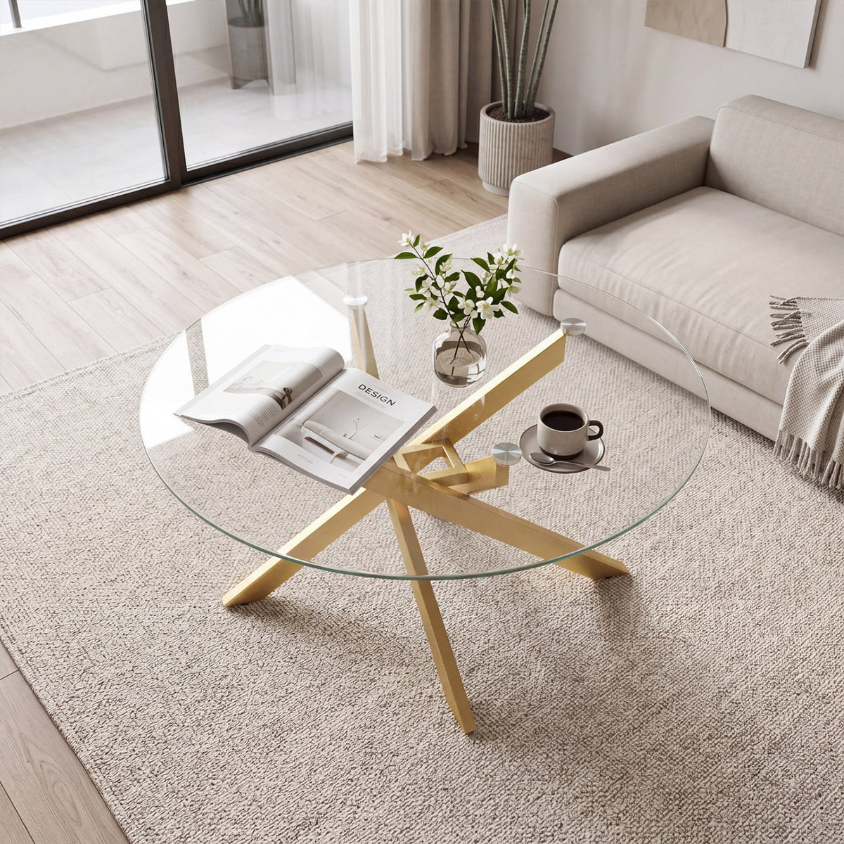 Glass Coffee Table Round Clear Center Table with Tempered Glass Top-Golden view 2