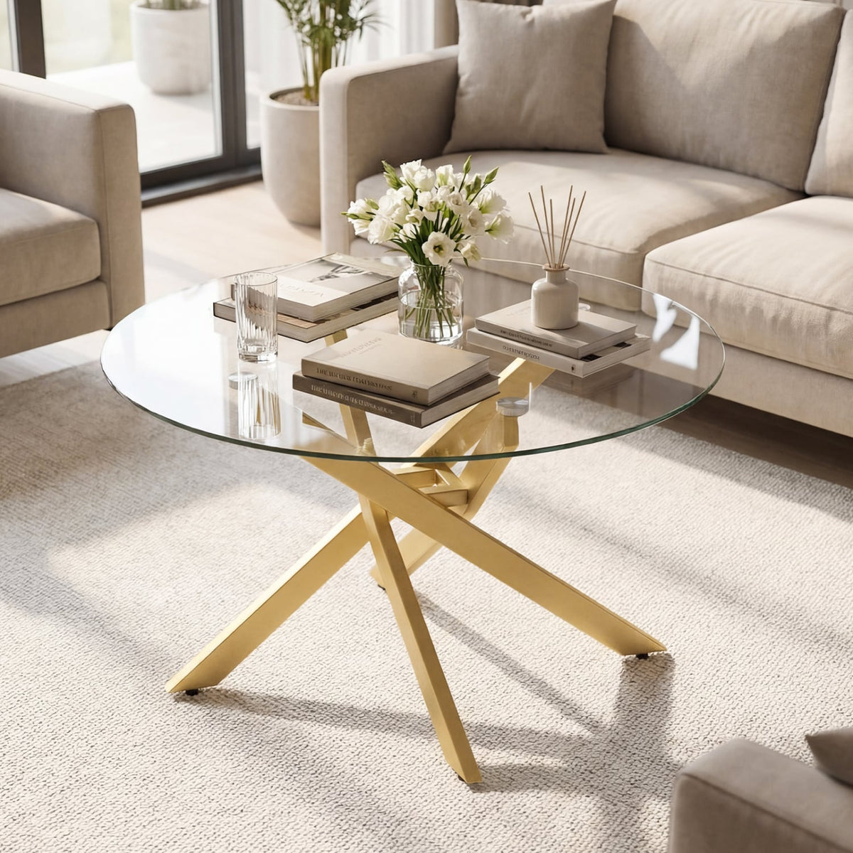 Glass Coffee Table Round Clear Center Table with Tempered Glass Top-Golden view 3