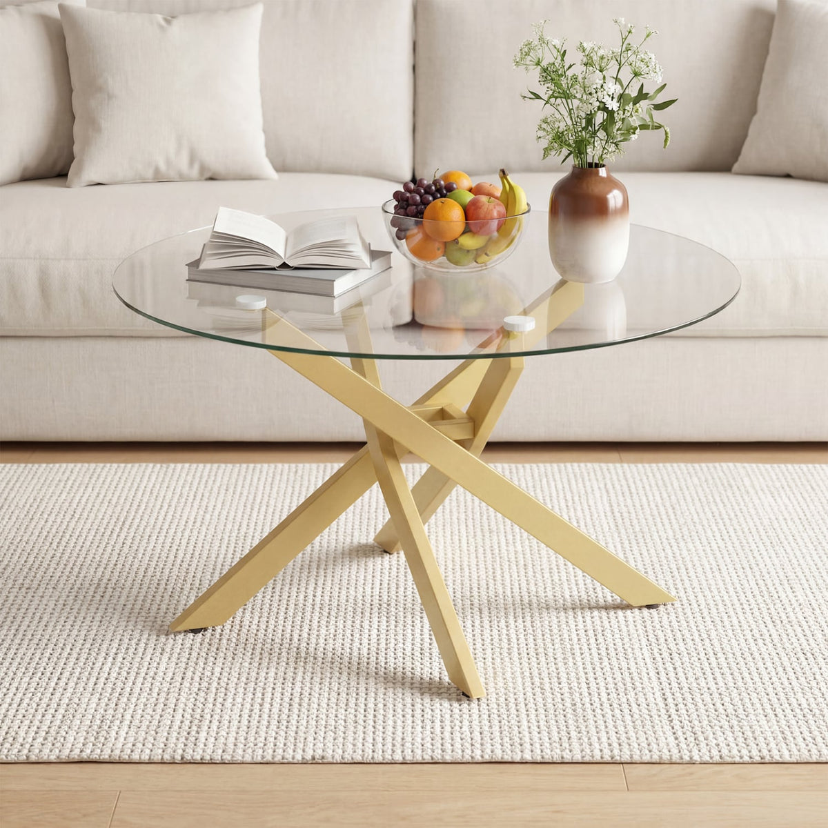 Glass Coffee Table Round Clear Center Table with Tempered Glass Top-Golden view 6