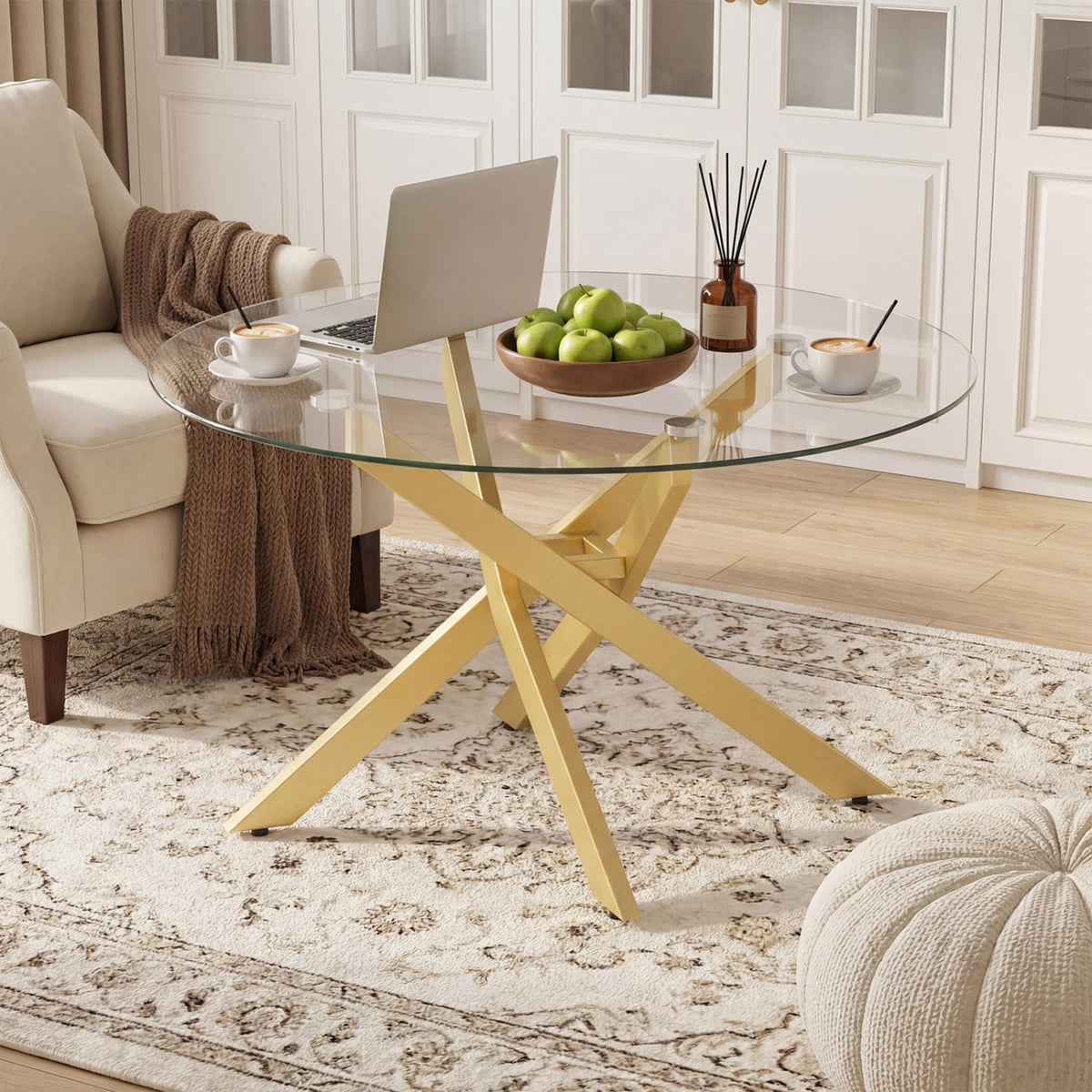 Glass Coffee Table Round Clear Center Table with Tempered Glass Top-Golden view 7