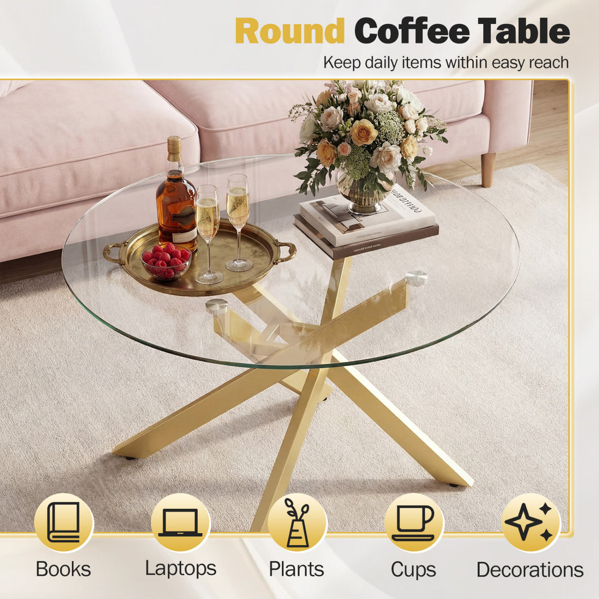 Glass Coffee Table Round Clear Center Table with Tempered Glass Top-Golden view 8
