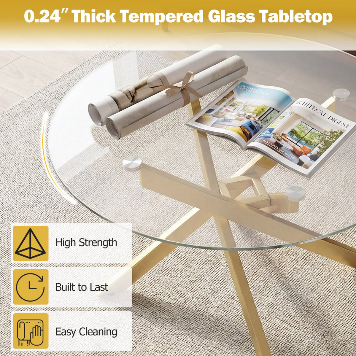 Glass Coffee Table Round Clear Center Table with Tempered Glass Top-Golden view 9