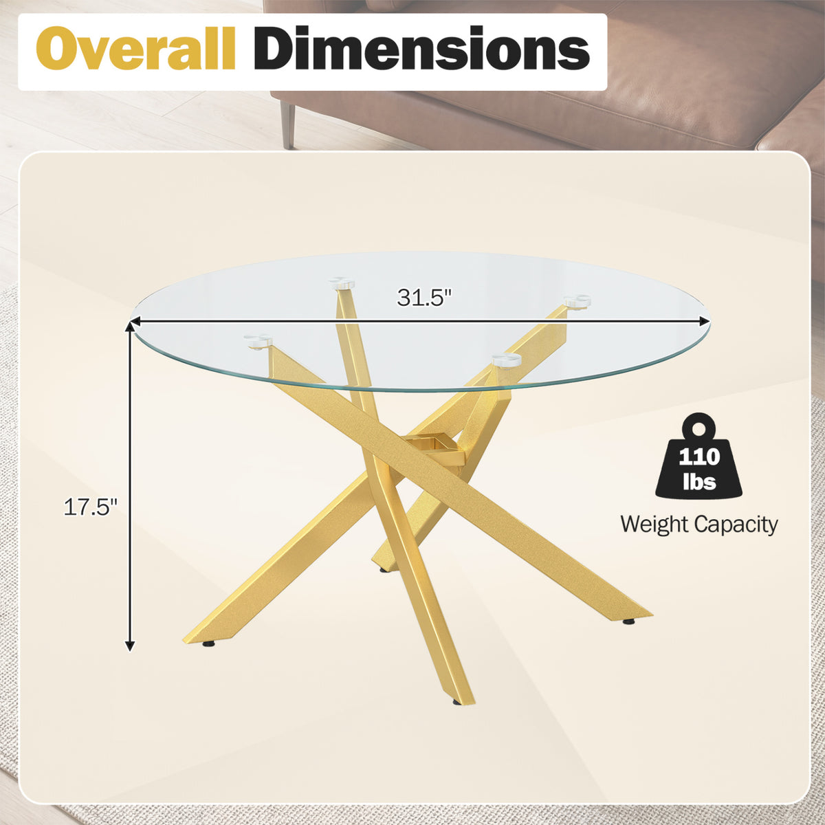 Glass Coffee Table Round Clear Center Table with Tempered Glass Top-Golden view 5