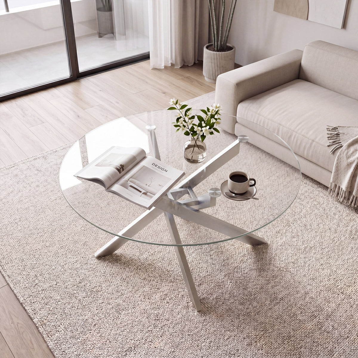 Glass Coffee Table Round Clear Center Table with Tempered Glass Top-Silver view 2