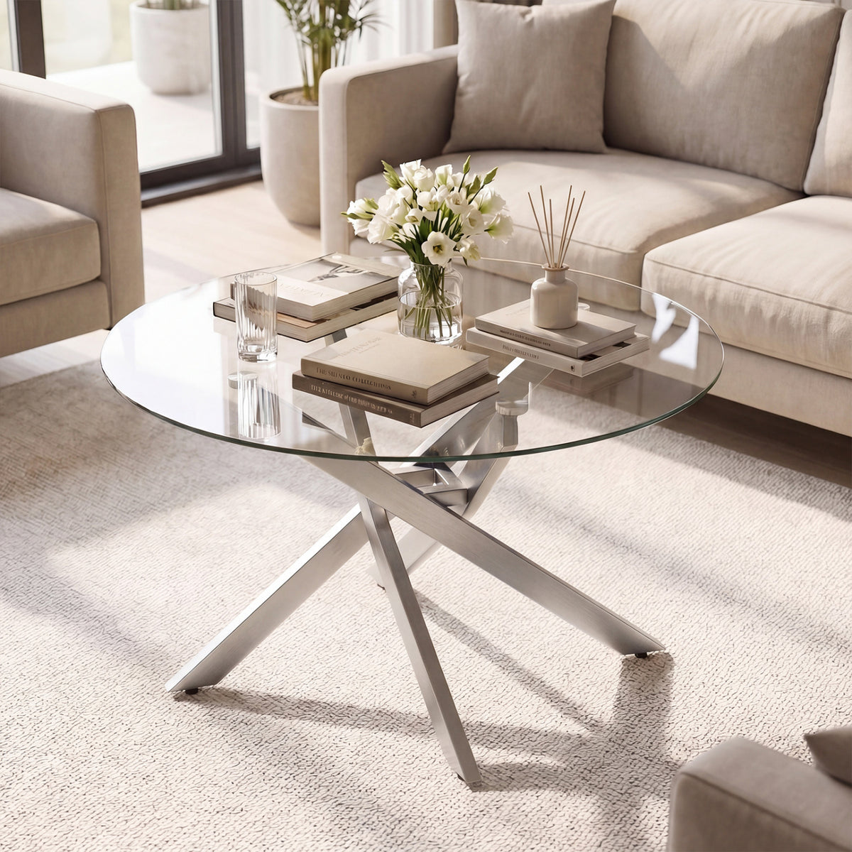 Glass Coffee Table Round Clear Center Table with Tempered Glass Top-Silver view 3