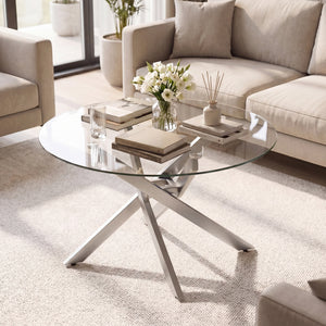 Glass Coffee Table Round Clear Center Table with Tempered Glass Top-Silver view 3