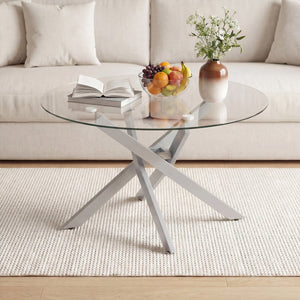 Glass Coffee Table Round Clear Center Table with Tempered Glass Top-Silver view 6