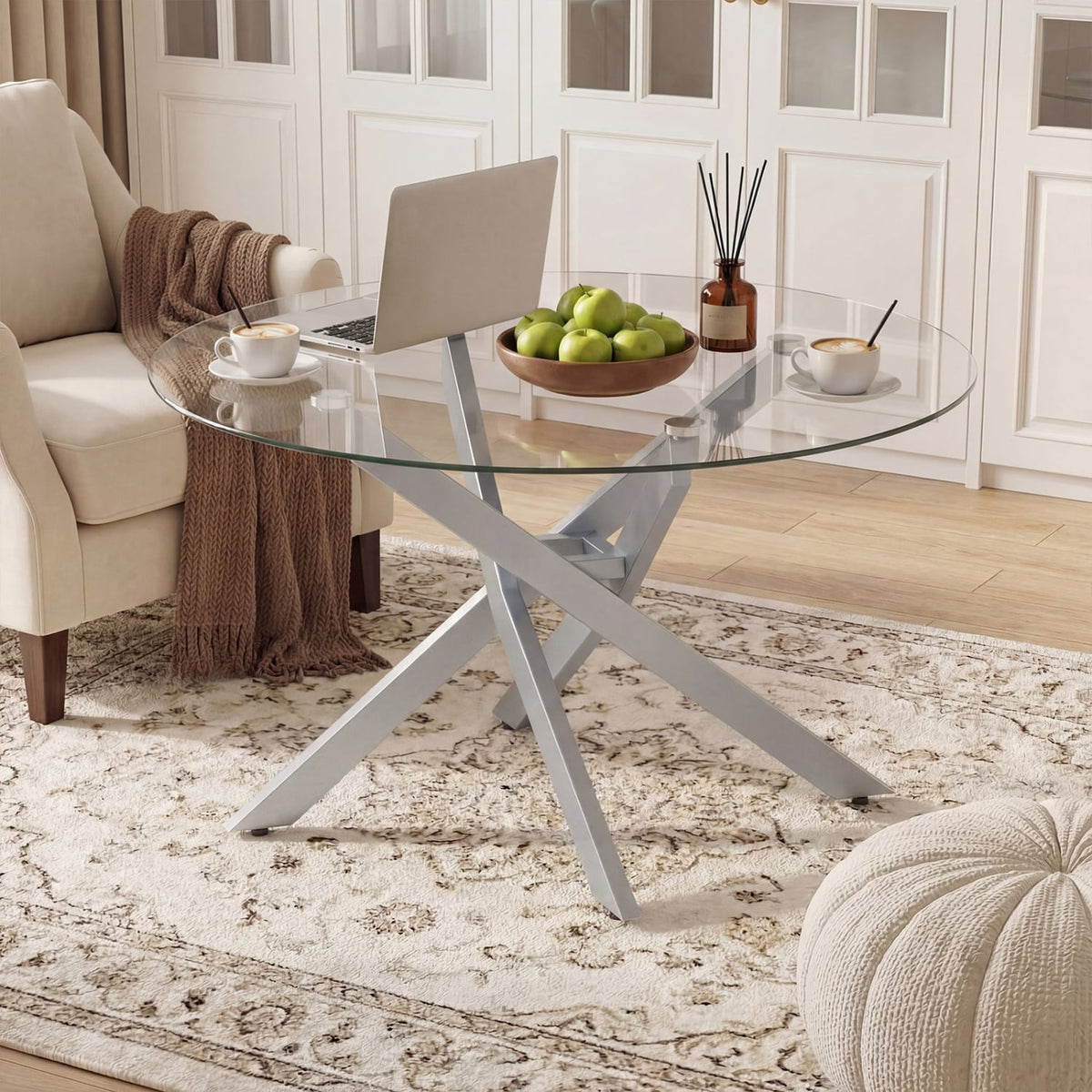 Glass Coffee Table Round Clear Center Table with Tempered Glass Top-Silver view 7