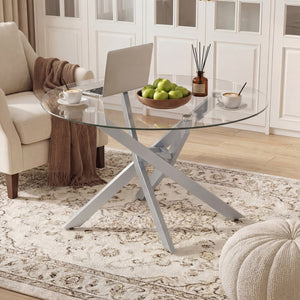 Glass Coffee Table Round Clear Center Table with Tempered Glass Top-Silver view 7
