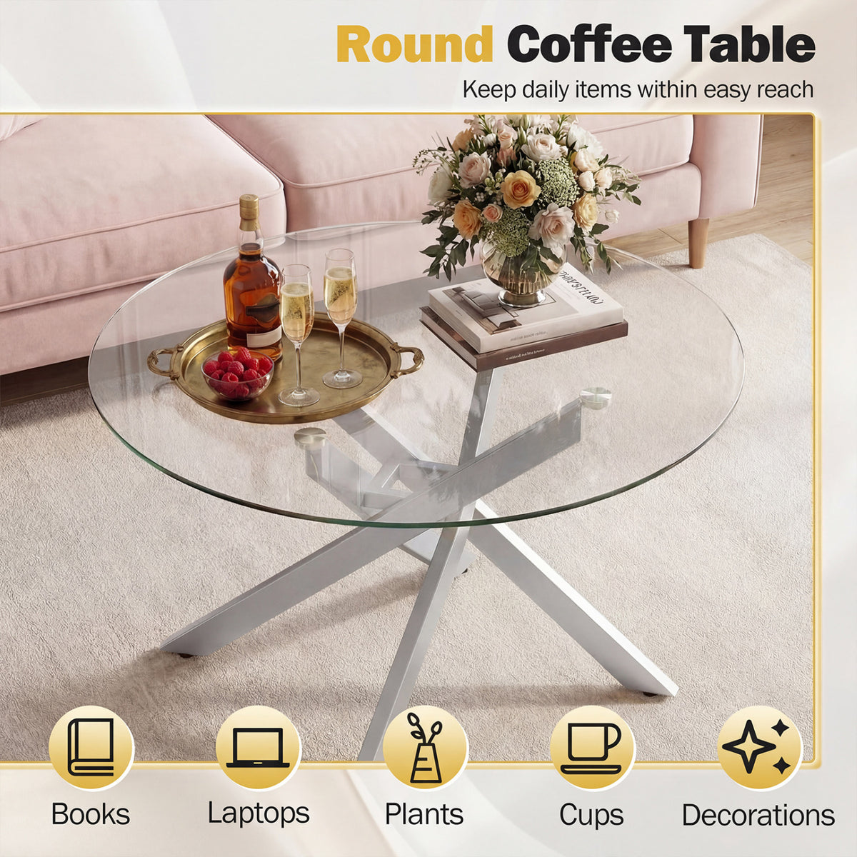 Glass Coffee Table Round Clear Center Table with Tempered Glass Top-Silver view 8