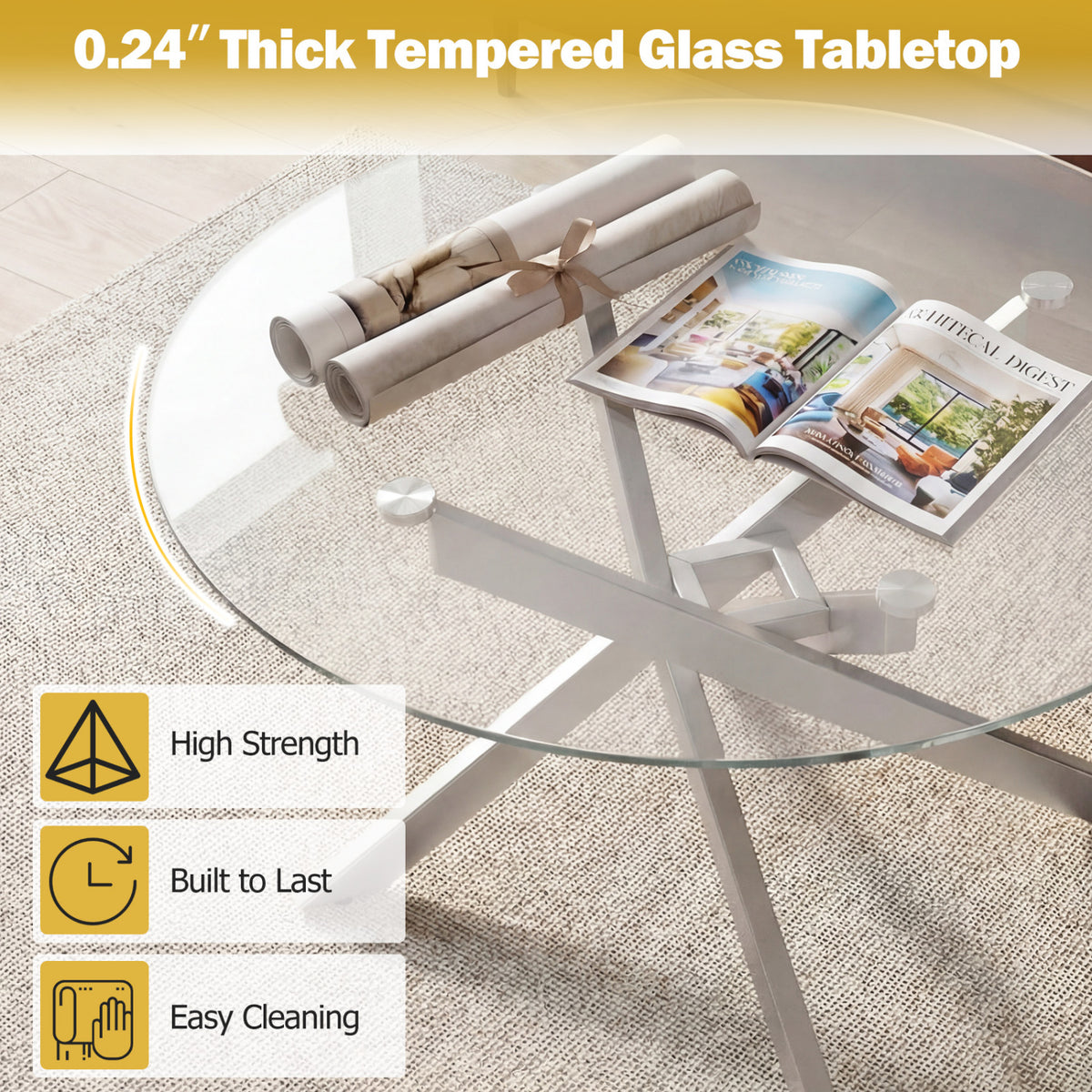 Glass Coffee Table Round Clear Center Table with Tempered Glass Top-Silver view 9