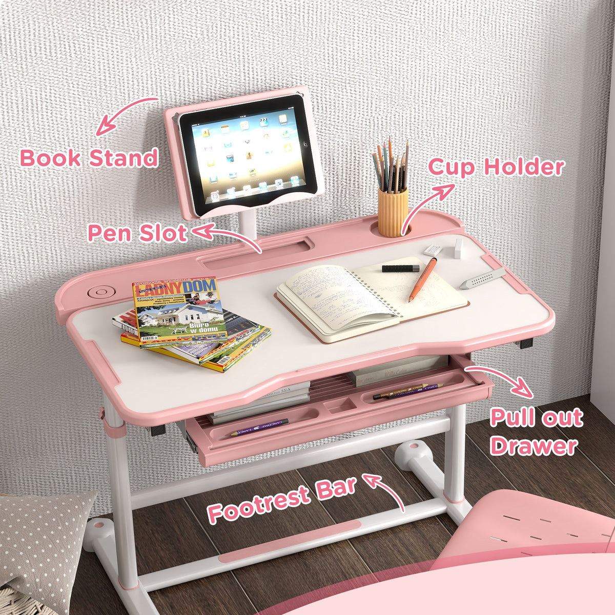 Qaba Height Adjustable Kids Desk and Chair Set with Tilt Desktop, Large Writing Board, Storage Drawer, Book Stand