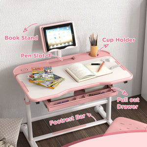 Qaba Height Adjustable Kids Desk and Chair Set with Tilt Desktop, Large Writing Board, Storage Drawer, Book Stand