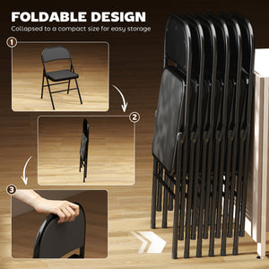 Set of 6 Metal Foldable Chairs, PU Leather Padded Folding Chairs with Cushion Seat and Open Back for Indoor, Black