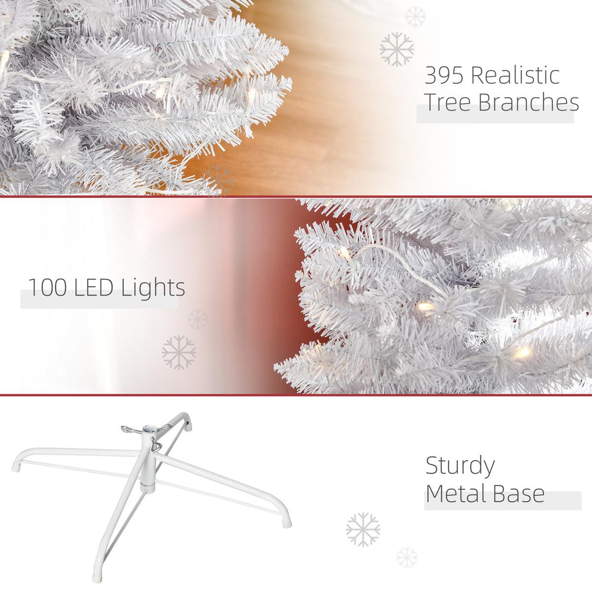 6ft Tall Prelit Pencil Artificial Christmas Tree, Holiday Décor with 395 Realistic Branches, 100 LED Lights, Foldable Metal Base, White