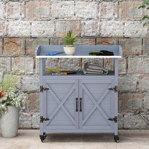 Outdoor Wooden Potting Bench with Storage Cabinet, Aluminum Tabletop, Rubber Wheels for Backyard, Patio, Balcony, Grey