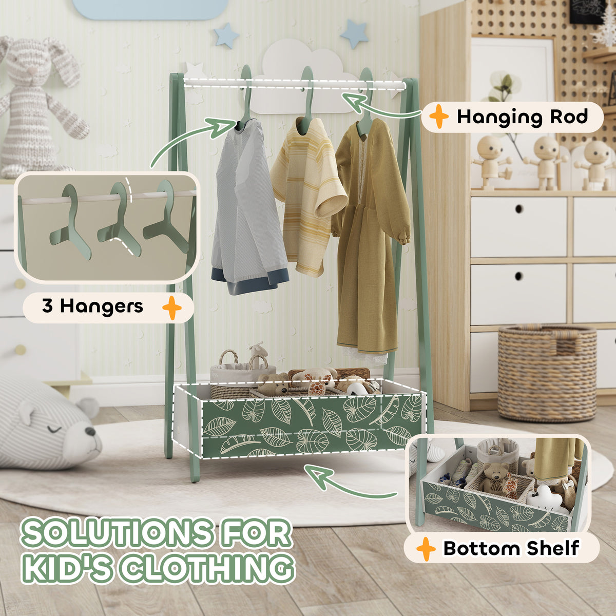 Qaba Kids Clothing Rack with Storage Shelf, Hangers, for Nursery Room, Living Room, Playroom
