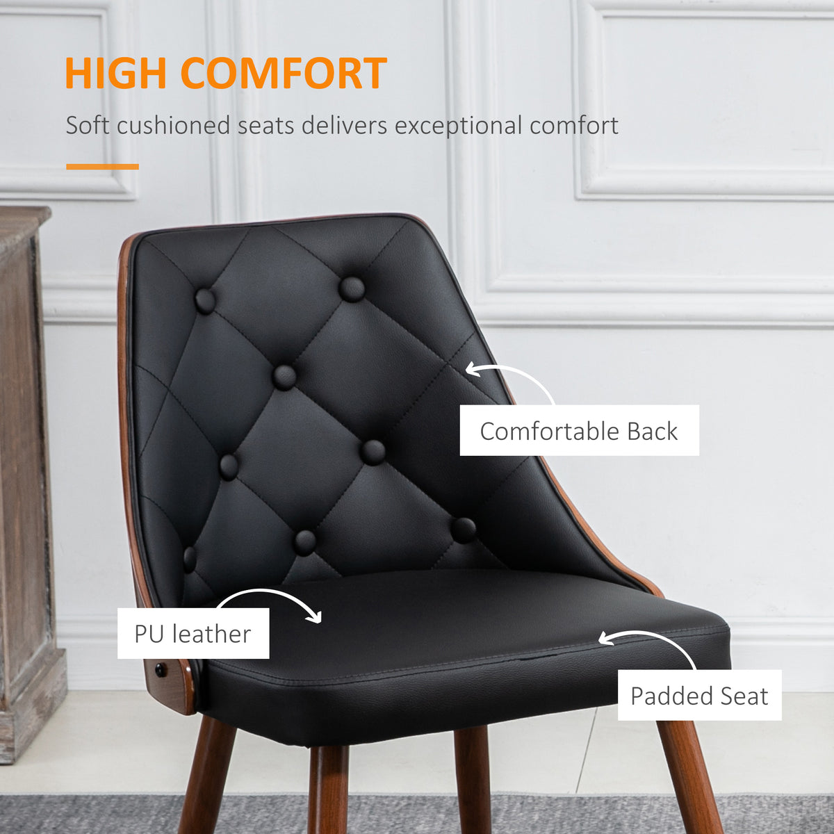 Dining Chairs Set of 2, Tufted Kitchen Chairs, PU Leather Upholstered Seats and Steel Legs for Dining Room, Black