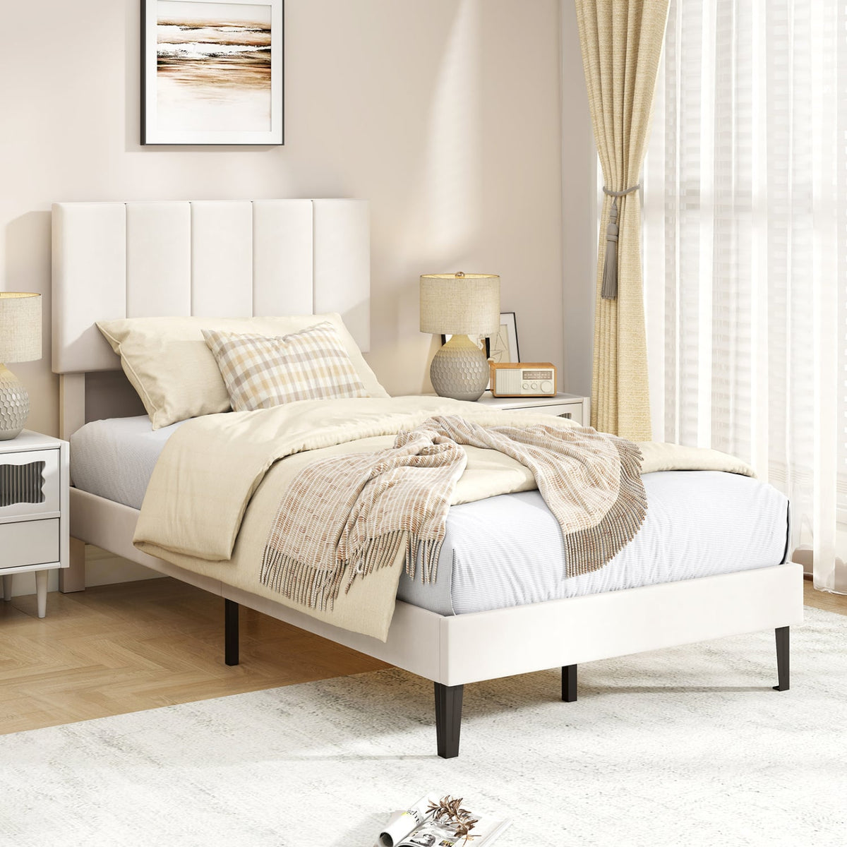 Gray Linen Upholstered Platform Bed with Height Adjustable Vertical Channel Headboard-Twin Size view 2