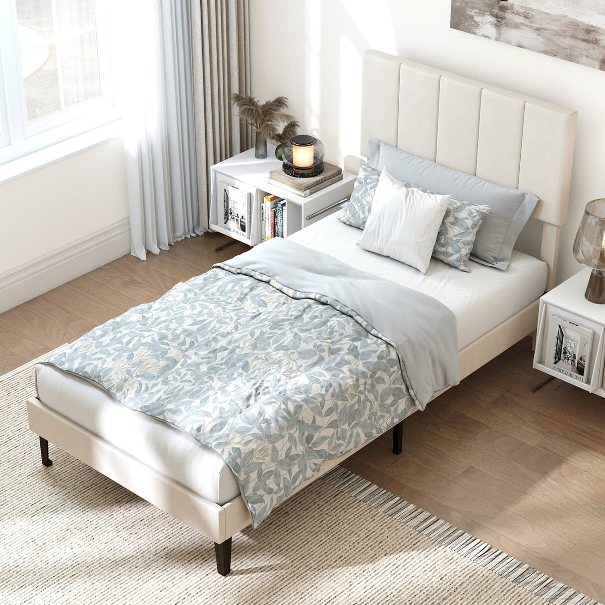 Gray Linen Upholstered Platform Bed with Height Adjustable Vertical Channel Headboard-Twin Size view 3