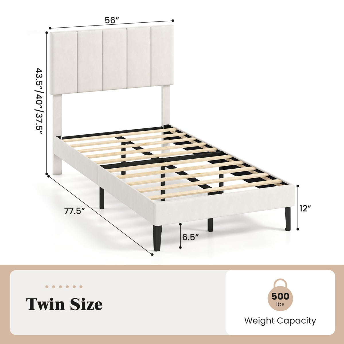 Gray Linen Upholstered Platform Bed with Height Adjustable Vertical Channel Headboard-Twin Size view 5