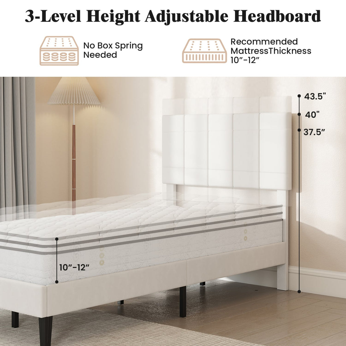 Gray Linen Upholstered Platform Bed with Height Adjustable Vertical Channel Headboard-Twin Size view 6