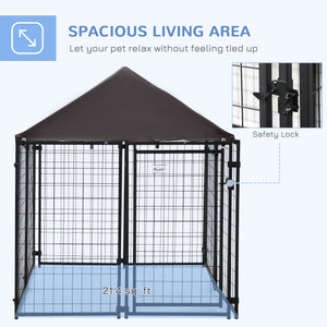 Outdoor Dog Kennel, Welded Wire Steel Fence, Lockable Pet Playpen Crate, with Water-, UV-Resistant Canopy Top, Door, 4.6ft x 4.6ft x 5ft, Black