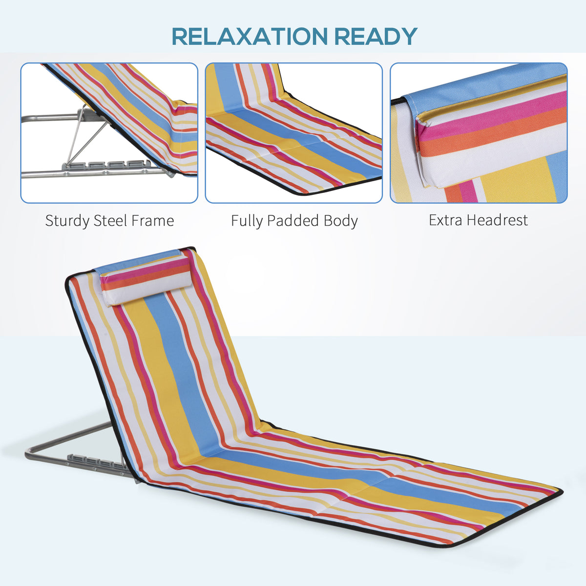 Set of 2 Beach Lounge Chair Sun Lounger, Folding Ground Beach Mat w/ Adjustable Back, Steel Frame, Head Pillow and Carry Bag for Backyard Lakeside, Red and White