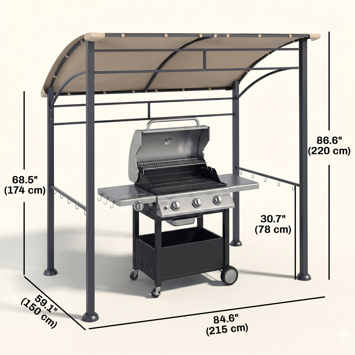 7' x 5' BBQ Grill Gazebo Tent, Garden Grill Canopy with Steel Frame and Hooks, Outdoor Sun Shade, Grey – view 9