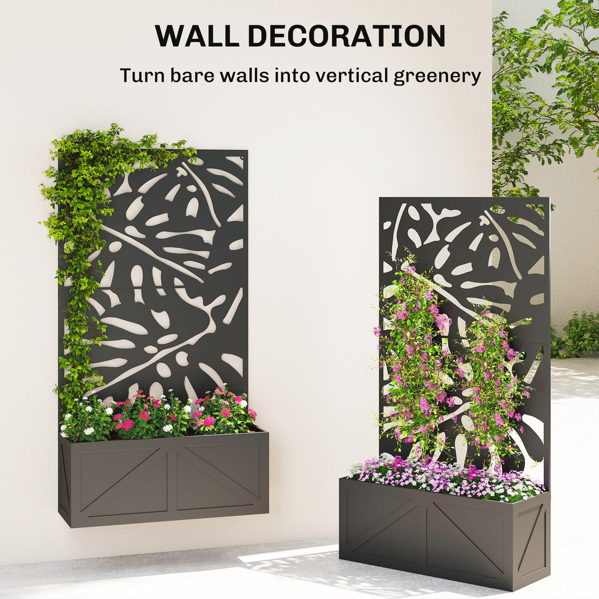 Metal Raised Garden Bed with Trellis for Climbing Plants, Freestanding or Wall Mounted Flower Bed with Privacy Panel