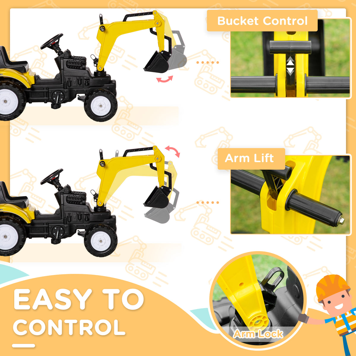 Aosom Ride on Tractor for Kids, Pedal Excavator Ride on Toy with Controllable Front Bucket for 3 Years Old, Yellow