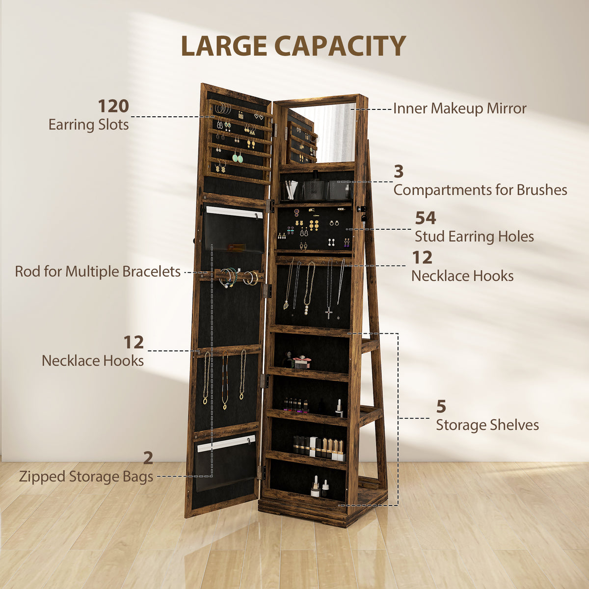 360° Swivel Jewelry Armoire, Lockable Mirror Jewelry Cabinet with Built-In Small Mirror, White – view 11