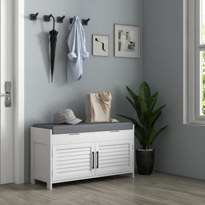 Entryway Bench with Cushion, Hidden Storage, Adjustable Shelves and Shutter Doors, 35.4" Shoe Bench, White