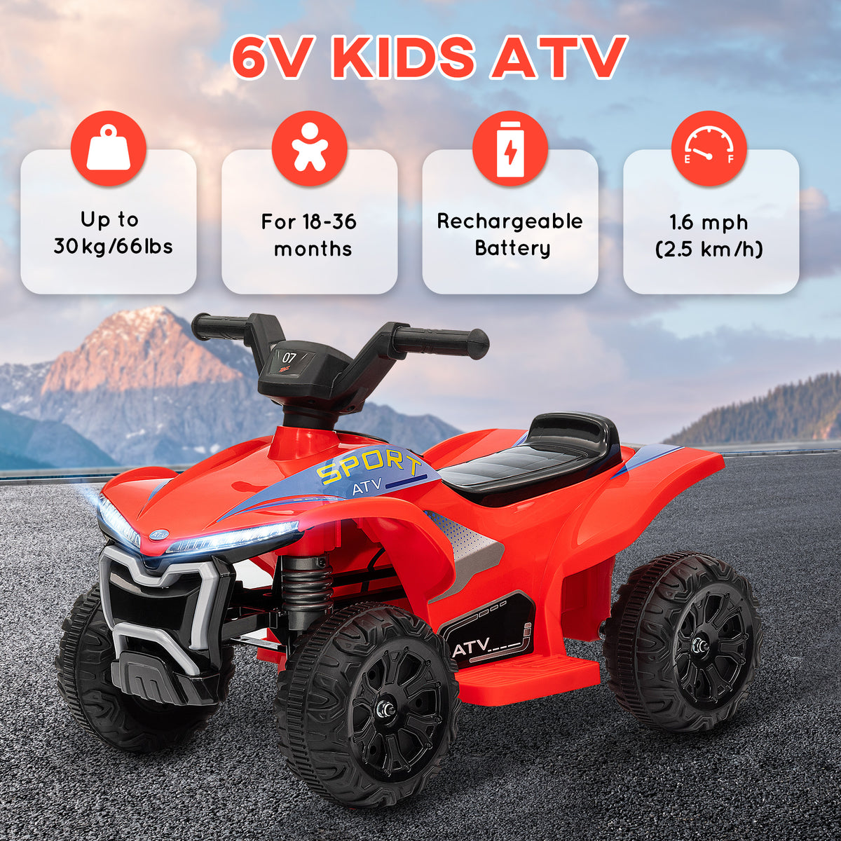 Qaba Kids ATV, 6V Battery Powered Electric Vehicle with Headlights, Music, Forward/Reverse Switch for 18-36 Months, Red