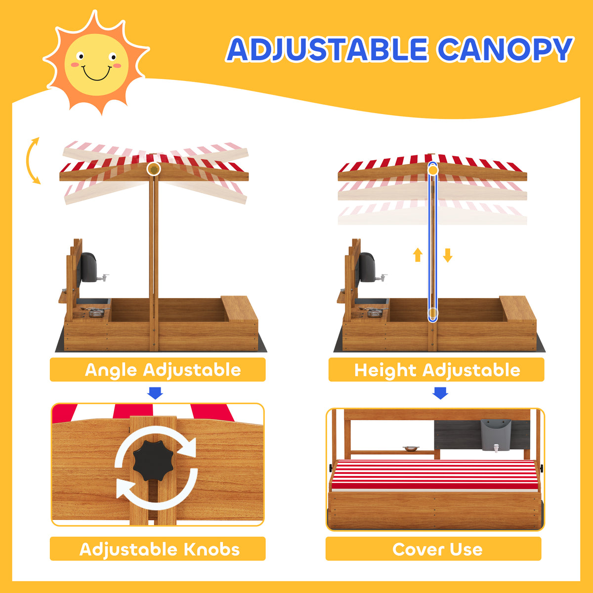 Kids Sandbox with Cover Kitchen Playset Toys, Wooden Sand Box with Seat, Storage, for 3-7 Years Old, Grey – view 17