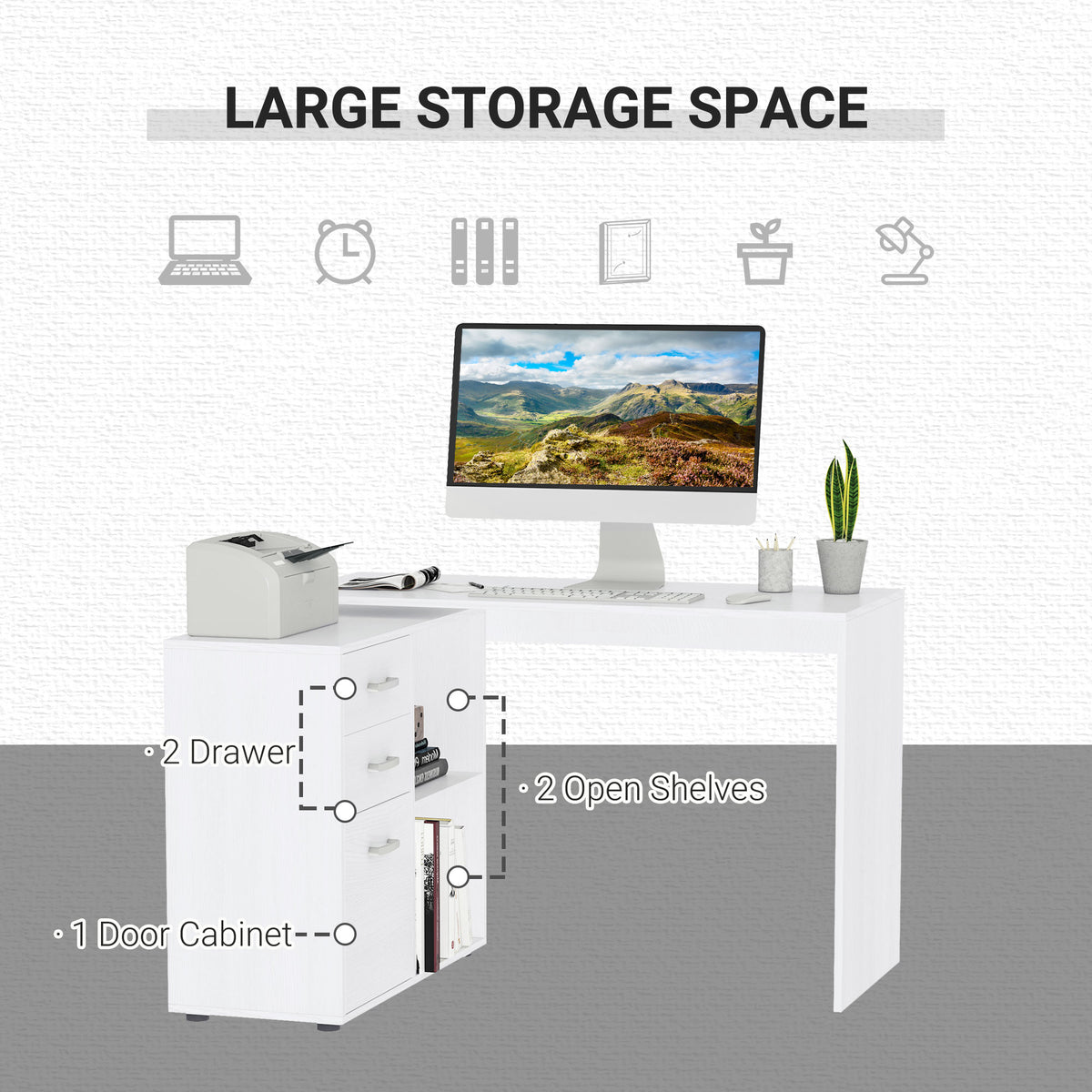 L-Shaped Corner Straight Writing Desk with Storage Shelf, Drawer – view 11
