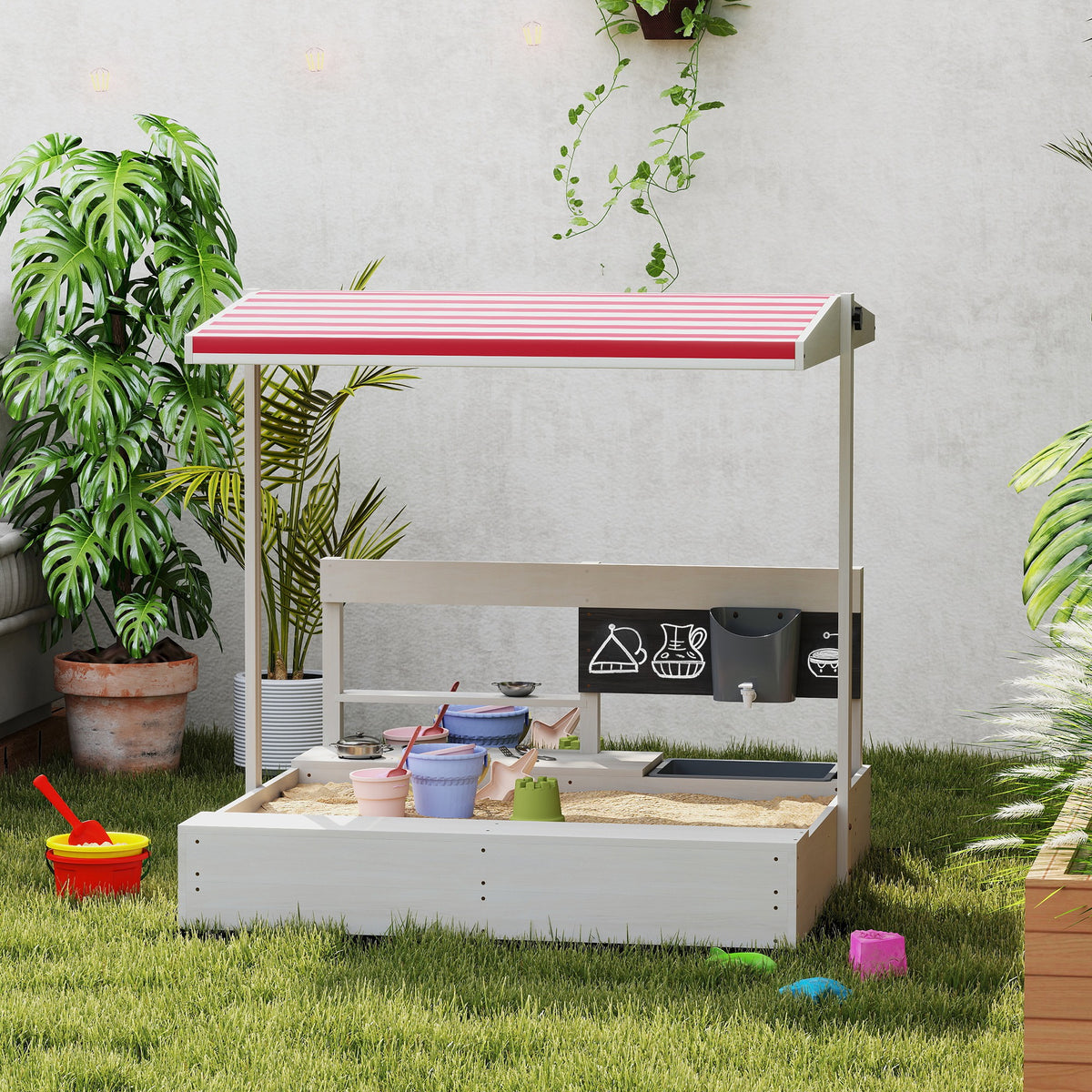 Kids Sandbox with Cover Kitchen Playset Toys, Wooden Sand Box with Seat, Storage, for 3-7 Years Old, Grey – view 7