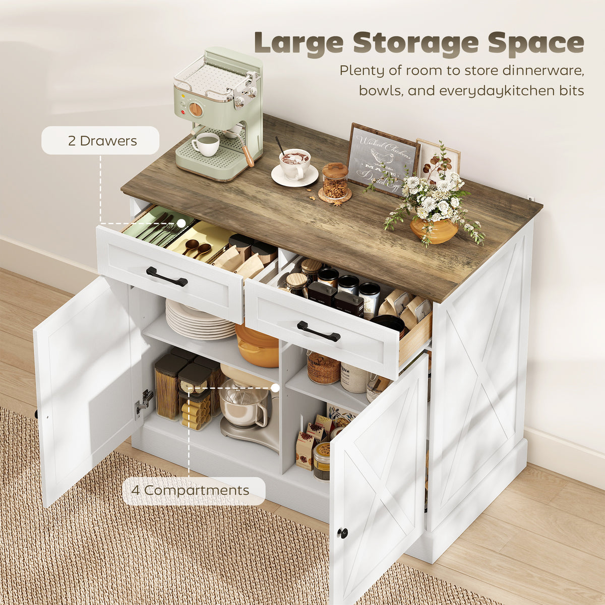 Kitchen Island with Sitting Space, Sideboard Cabinet with 2 Drawers and 2 Adjustable Shelves for Dining Room, White