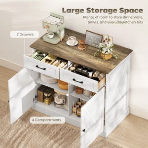 Kitchen Island with Sitting Space, Sideboard Cabinet with 2 Drawers and 2 Adjustable Shelves for Dining Room, White