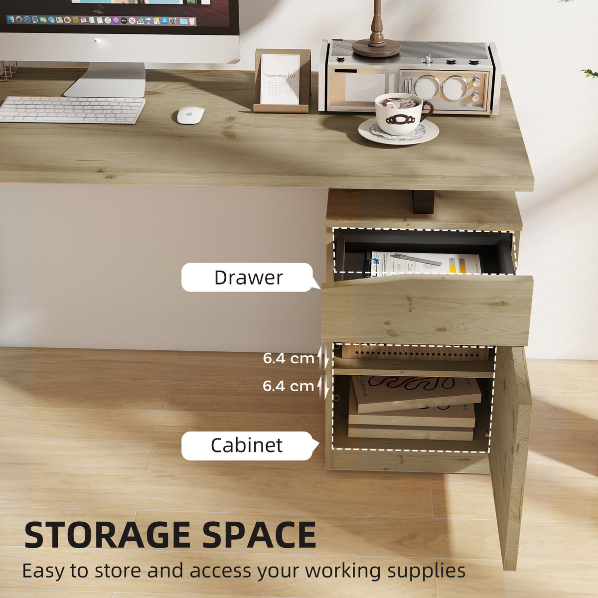 53 Inch Computer Desk, Writing Table with Cabinet, Drawer, Adjustable Shelf for Home Office Study, Natural Wood