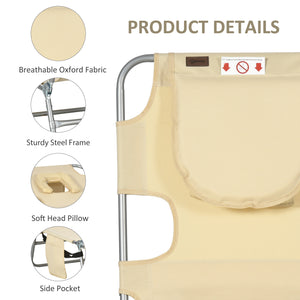 Folding Outdoor Lounge Chair, 5-Level Tanning Chair with Face Hole, Side Pocket, Carry Strap for Beach Pool, Beige