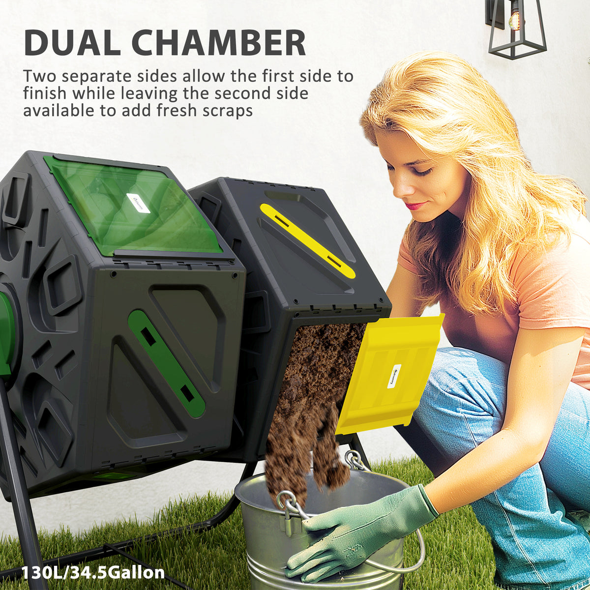 Rotating Composter, Dual Chamber Compost Bin with 24 Vents and Steel Legs, 34.5 Gallon, Brown