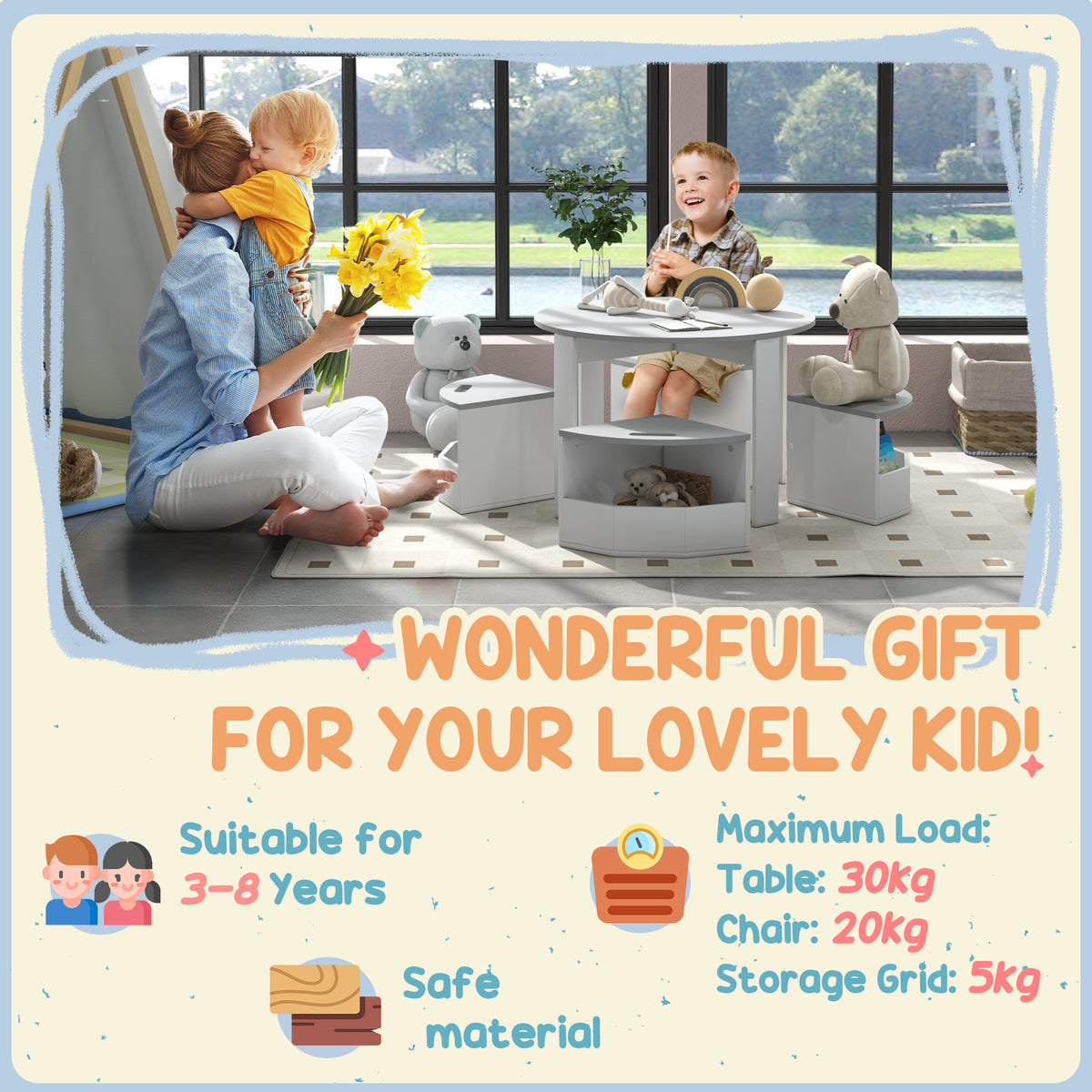 Qaba 5 Piece Kids Table and Chair Set with Storage for Kids Room