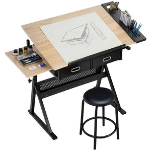 Adjustable Drafting Table, Art Desk Drawing Table Workstation with Stool and Storage Drawers for Painting, Oak