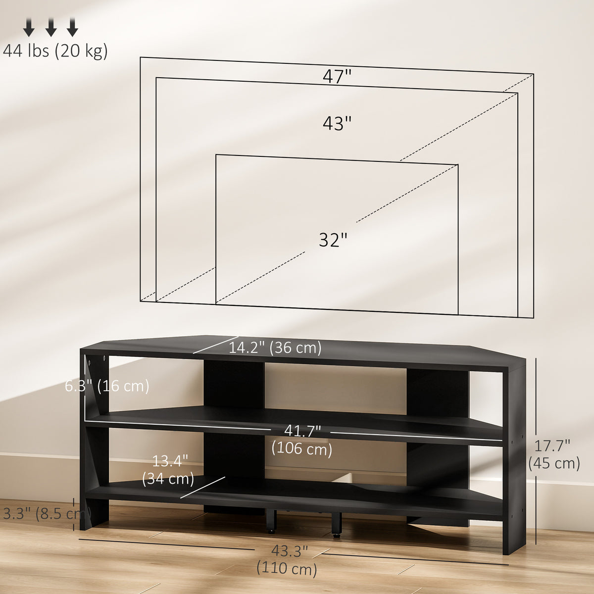 Corner TV Stand, Modern TV Table with 2 Open Shelves for 47 Inch TV, Entertainment Center for Living Room, Black