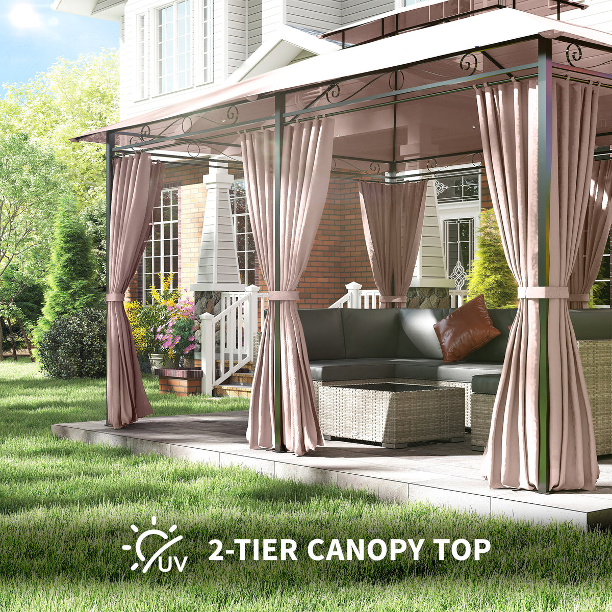 10' x 13' Patio Gazebo, Outdoor 2-Tiers Garden Canopy Yard Sunshade Shelter with Curtains, Khaki – view 4